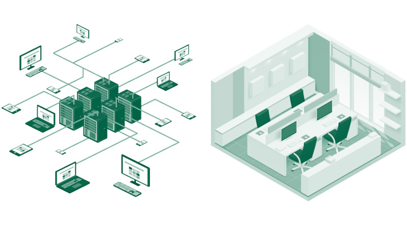 Illustration de l'intégration des prises commandées Netio dans une infrastructure IT d'entreprise et dans la gestion énergétique d'un espace de bureau moderne.