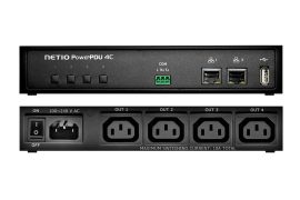 Netio PowerPDU 4C vue de face montrant quatre prises commandées et les options de connectivité pour la gestion de l'alimentation électrique.