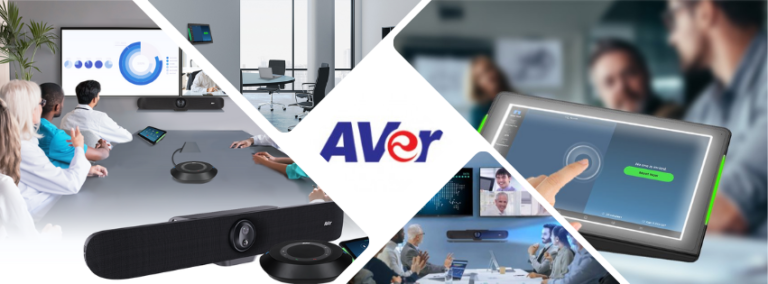 Équipe en visioconférence professionnelle avec double écran, barre AVer VB370A, micro et écran tactile CP10G2.